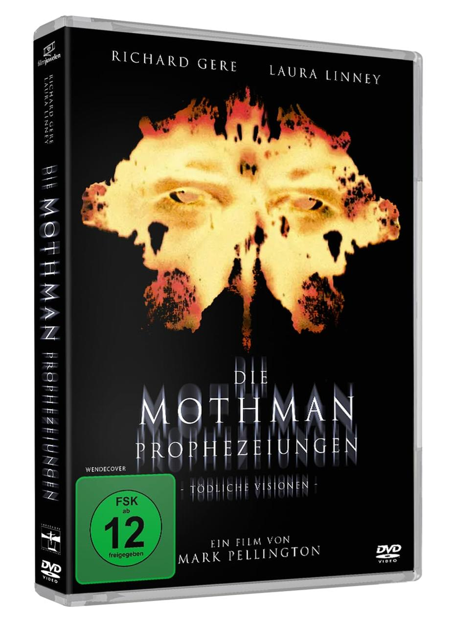DVD-Cover für 'The Mothman Prophecies'. Mit einem feurigen Gesicht auf schwarzem Hintergrund, Schauspielernamen und Altersfreigabe.