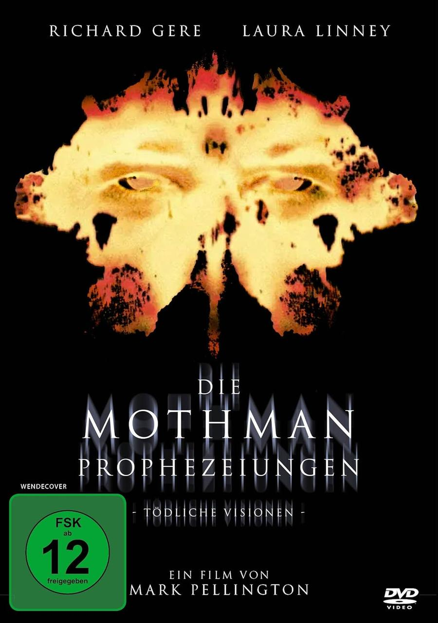 Filmplakat: Die Mothman Prophezeiungen. Zeigt ein gesichtsähnliches Bild, Richard Gere, Laura Linney. Deutscher Text. DVD-Logo.