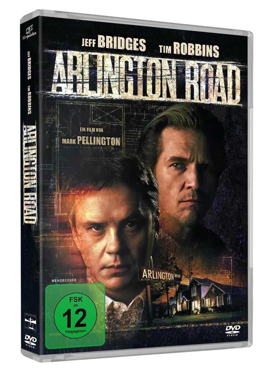 DVD-Cover von 'Arlington Road'. Mit Jeff Bridges und Tim Robbins. Enthält eine Altersfreigabe. Im Hintergrund ist ein Haus zu sehen.