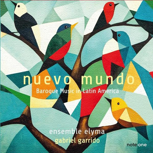 Albumcover mit stilisierten Vögeln verschiedener Farben auf Ästen. Titel 'Nuevo Mundo' mit 'Barockmusik in Lateinamerika'.
