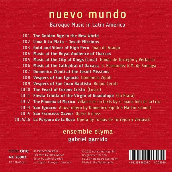 Albumcover, roter Hintergrund, goldener Text: 'nuevo mundo' und Titelliste barocker Musik in Lateinamerika, ensemble elyma, Gabriel Garrido.
