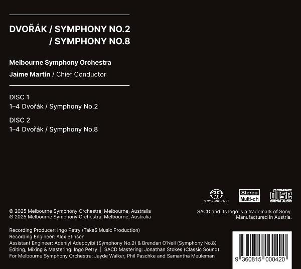 CD-Cover mit Text: Dvořák-Symphonien, Melbourne Symphony Orchestra, Dirigent Jaime Martín. Enthält Details, Copyright und Barcode.