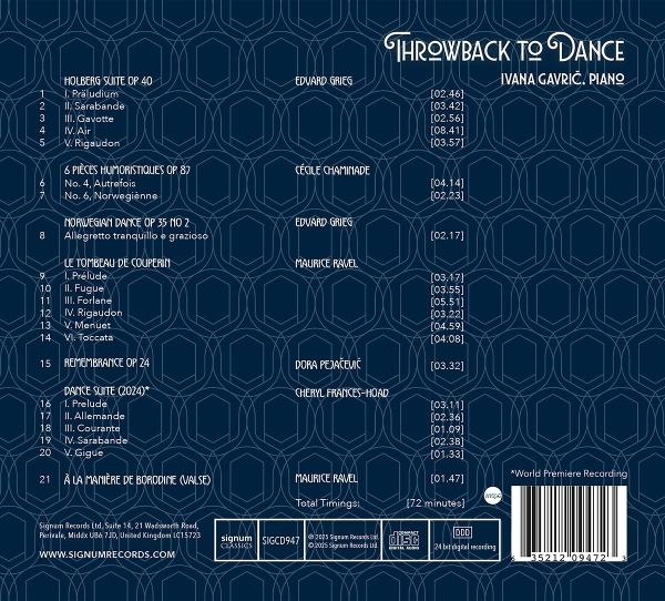 CD-Cover. Titel: Throwback to Dance. Mit Musikstücken verschiedener Komponisten. Enthält den Namen des Interpreten und Spielzeiten.