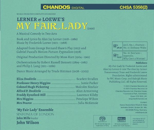 CD-Cover für 'My Fair Lady'. Es listet die Besetzung, das Orchester und Details zum Musical auf.