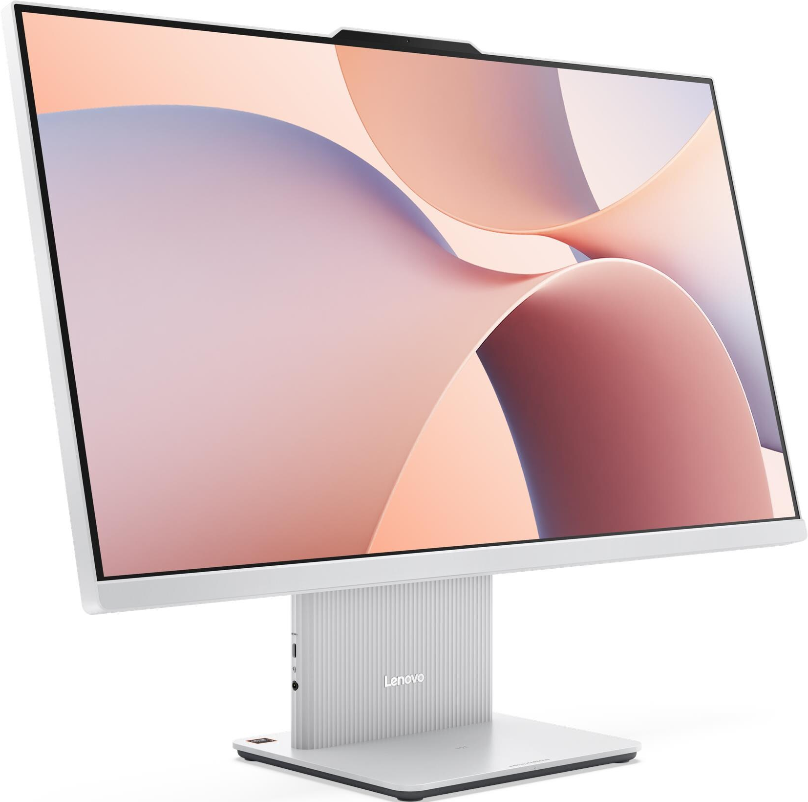 Un ordinateur tout-en-un Lenovo blanc. L'écran affiche des formes abstraites roses, pêche et violettes. Le support est blanc et argenté.