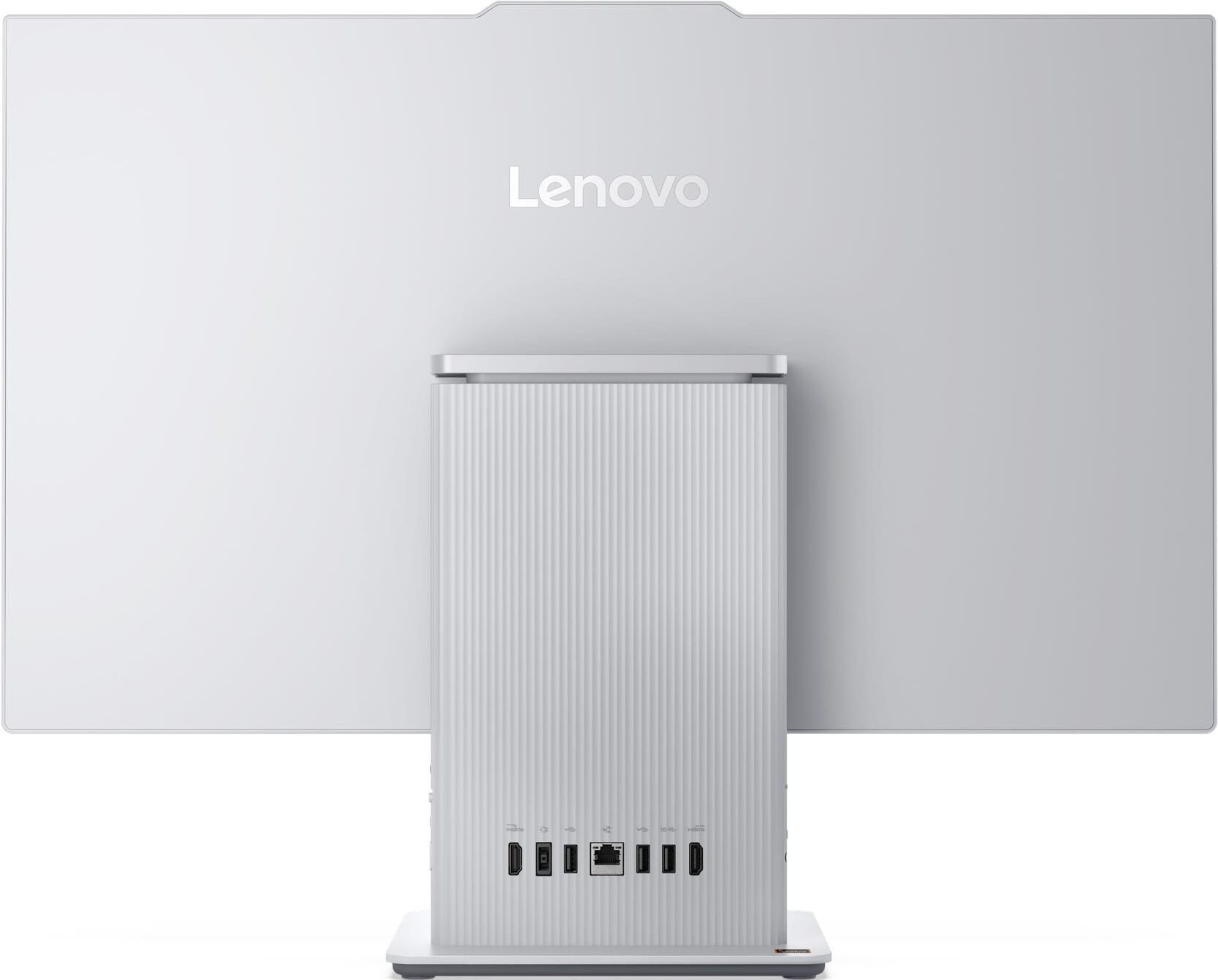 Un ordinateur tout-en-un Lenovo blanc, vu de dos. Il comporte un grand écran, une base avec des ports et le logo Lenovo.