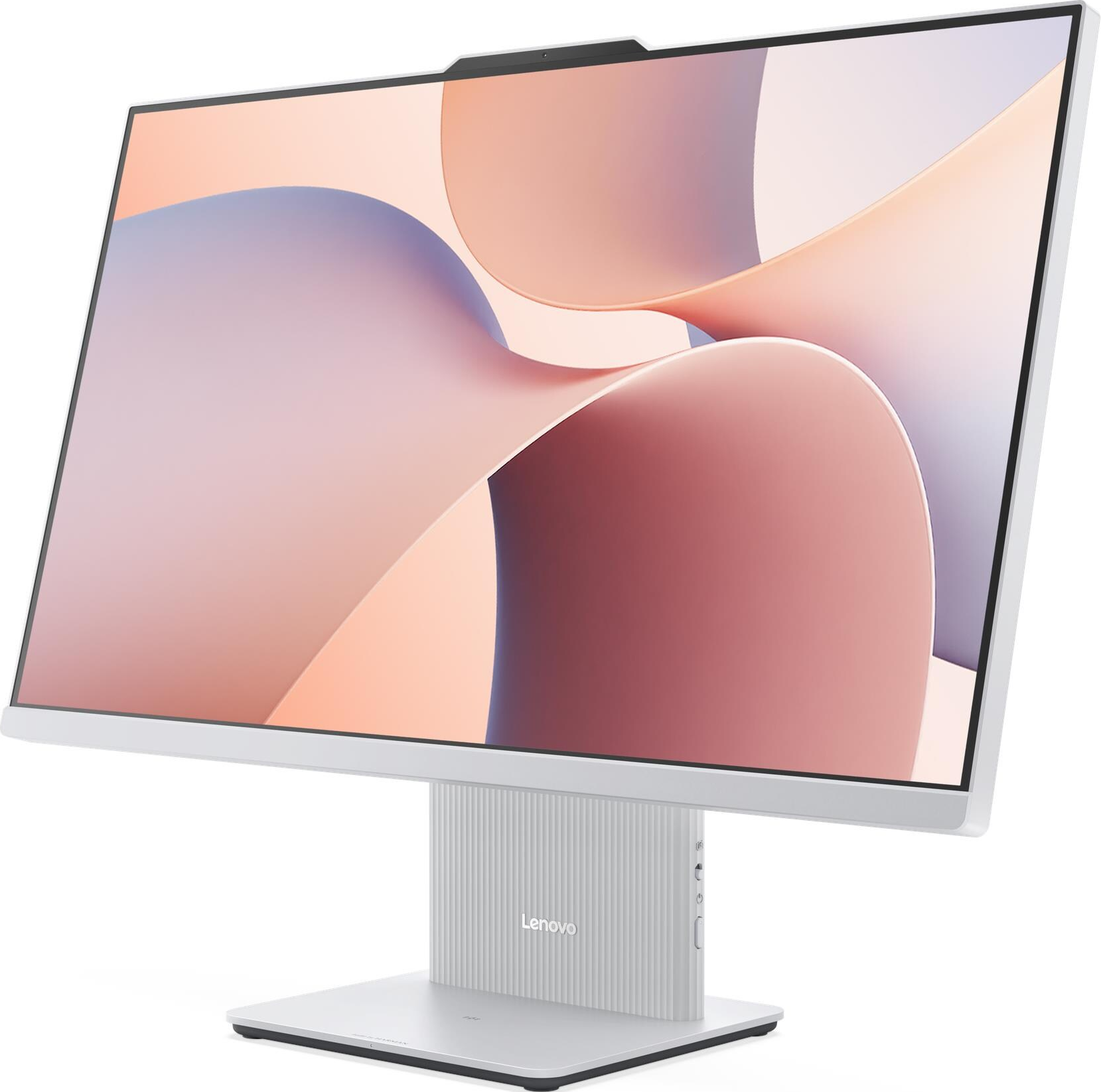 Un ordinateur tout-en-un Lenovo argenté. L'écran affiche des formes roses et violettes abstraites. La base est carrée.