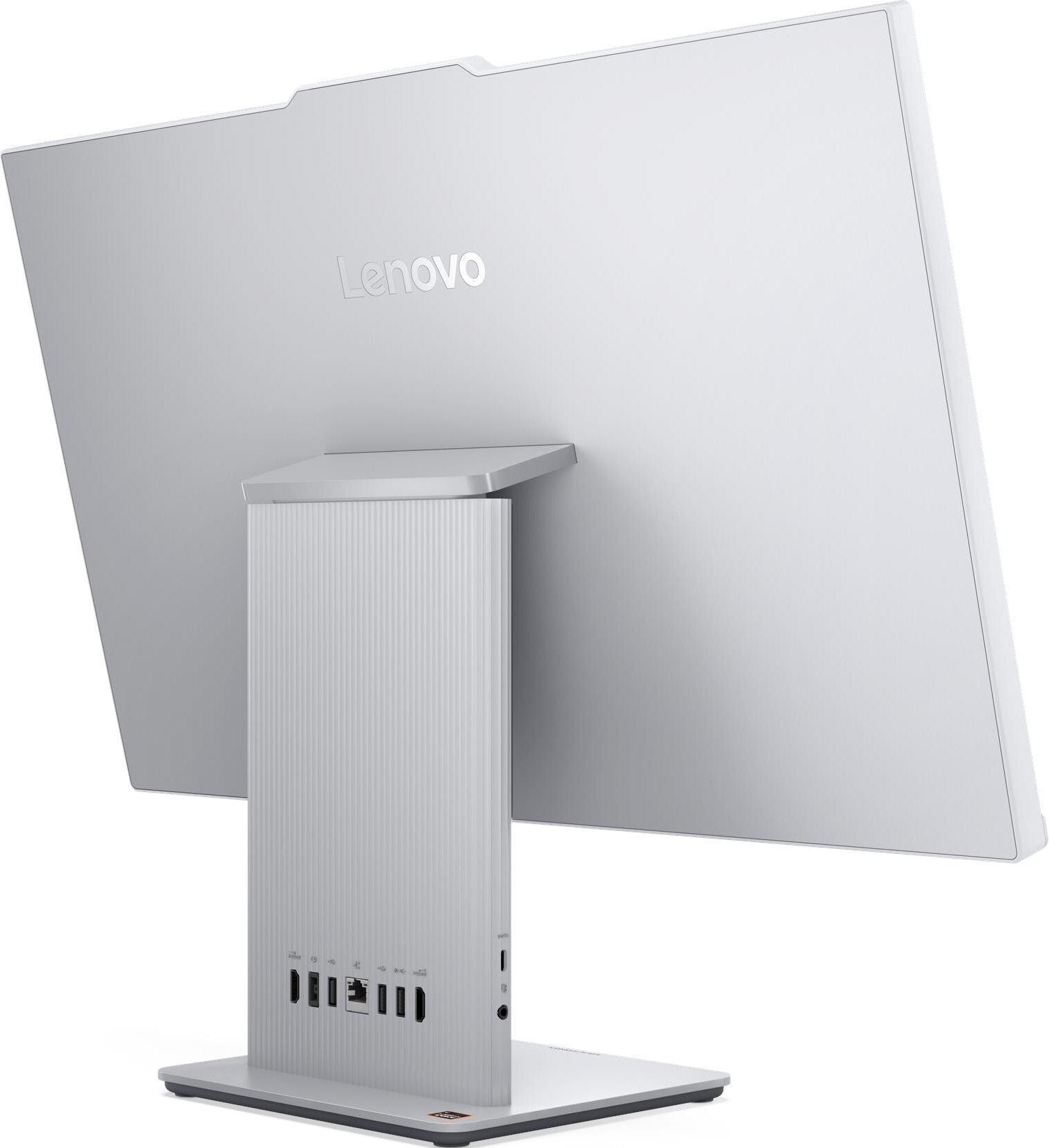 Vue arrière d'un ordinateur Lenovo tout-en-un argenté. L'écran est grand, la base rectangulaire et le support vertical.