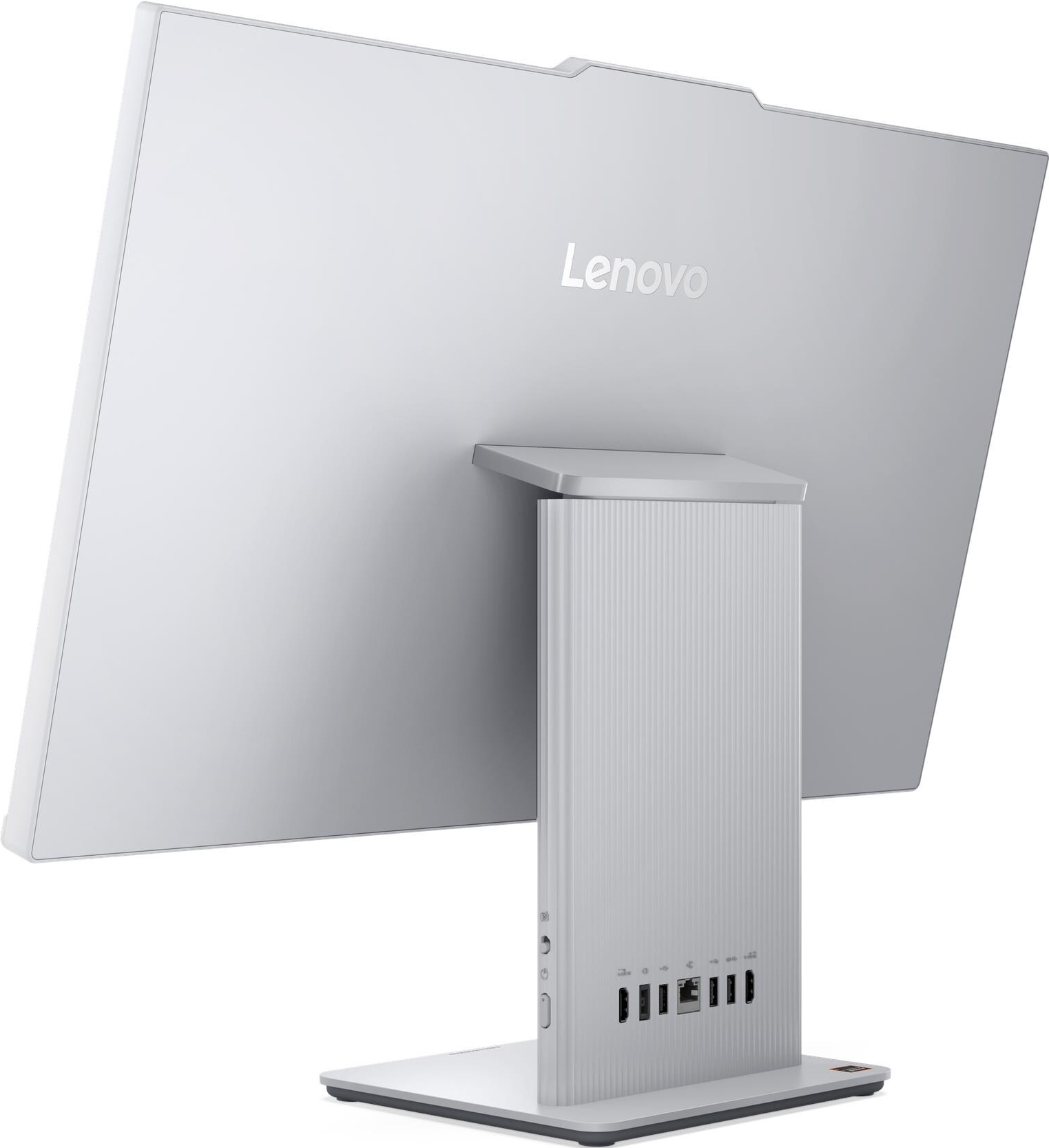 Un ordinateur tout-en-un Lenovo argenté. L'arrière est visible, montrant le logo Lenovo et les ports.