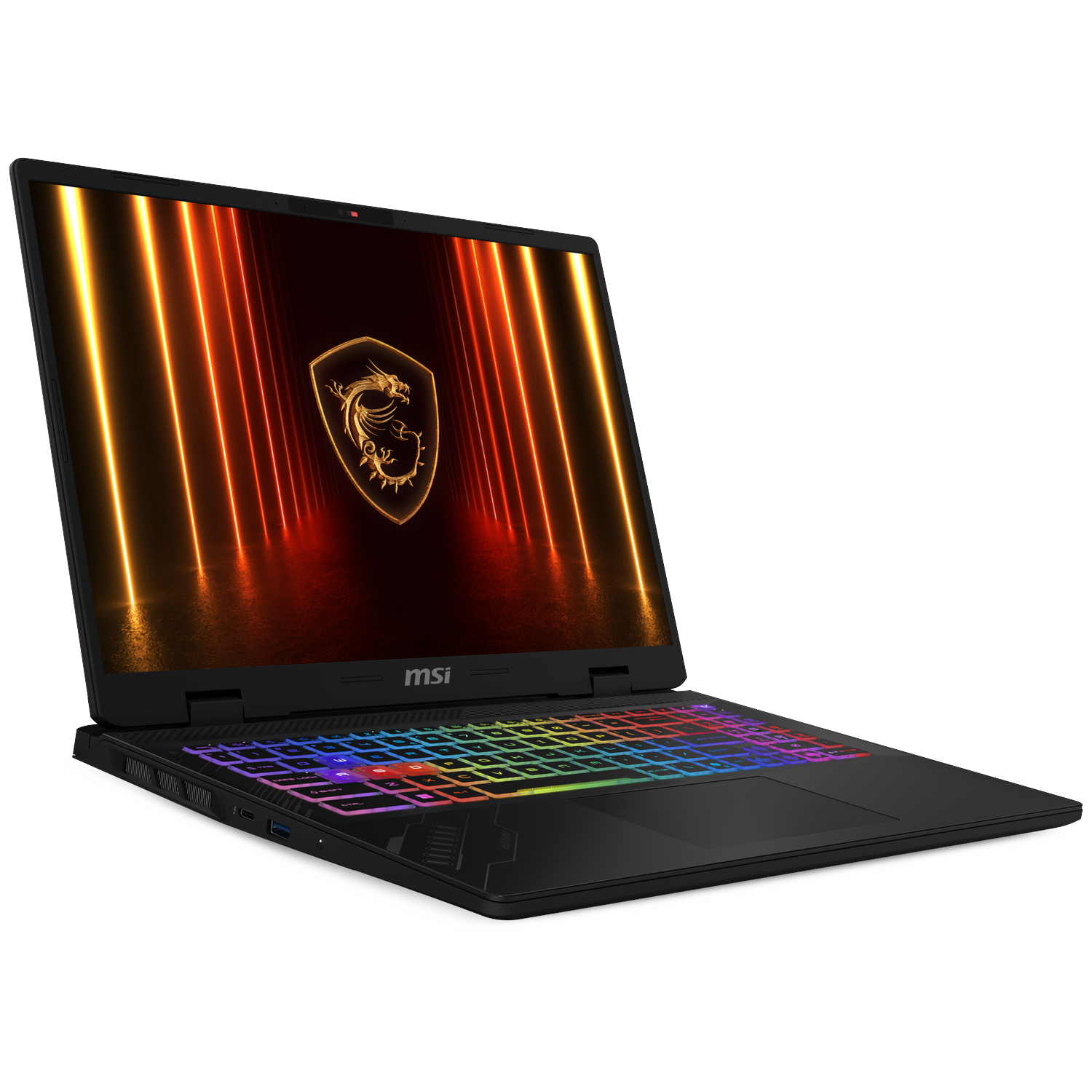 Een zwarte MSI-laptop met een kleurrijk toetsenbord met achtergrondverlichting. Het scherm toont een drakenlogo en oranje lichtstrepen.