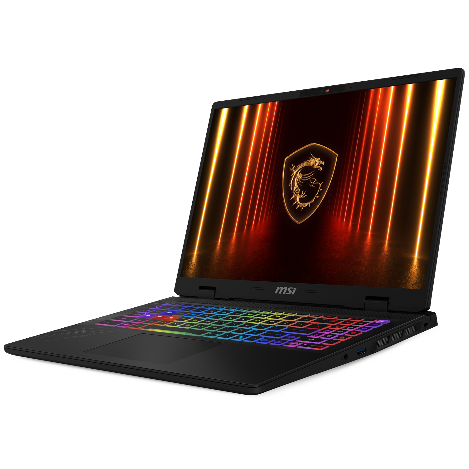 Zwarte MSI gaming laptop met een kleurrijk verlicht toetsenbord. Het scherm toont een gouden drakenlogo en verticale oranje lichten.