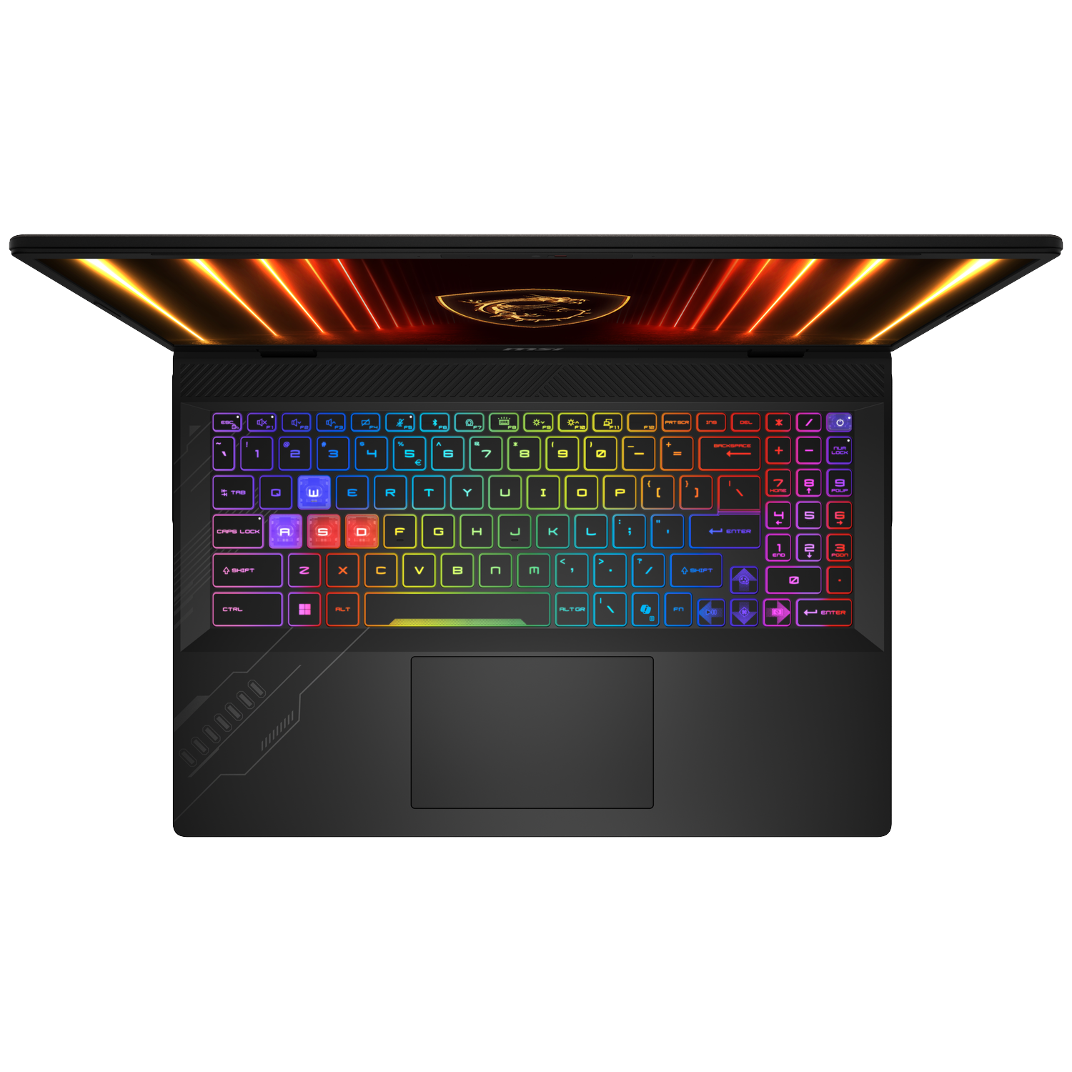 Een bovenaanzicht van een laptop met een open scherm. Het toetsenbord is verlicht met veelkleurige toetsen. Het scherm toont een oranje en rode gradiënt.