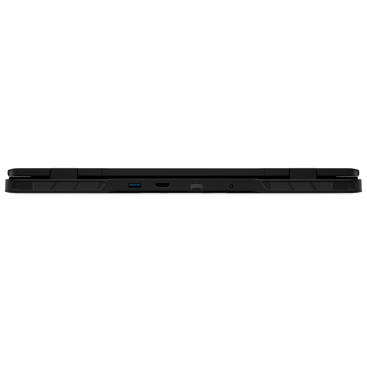 De onderkant van een zwarte laptop is zichtbaar. Het heeft poorten zoals USB, HDMI en een voedingspoort. Er zijn ook ventilatieopeningen en een ronde knop.