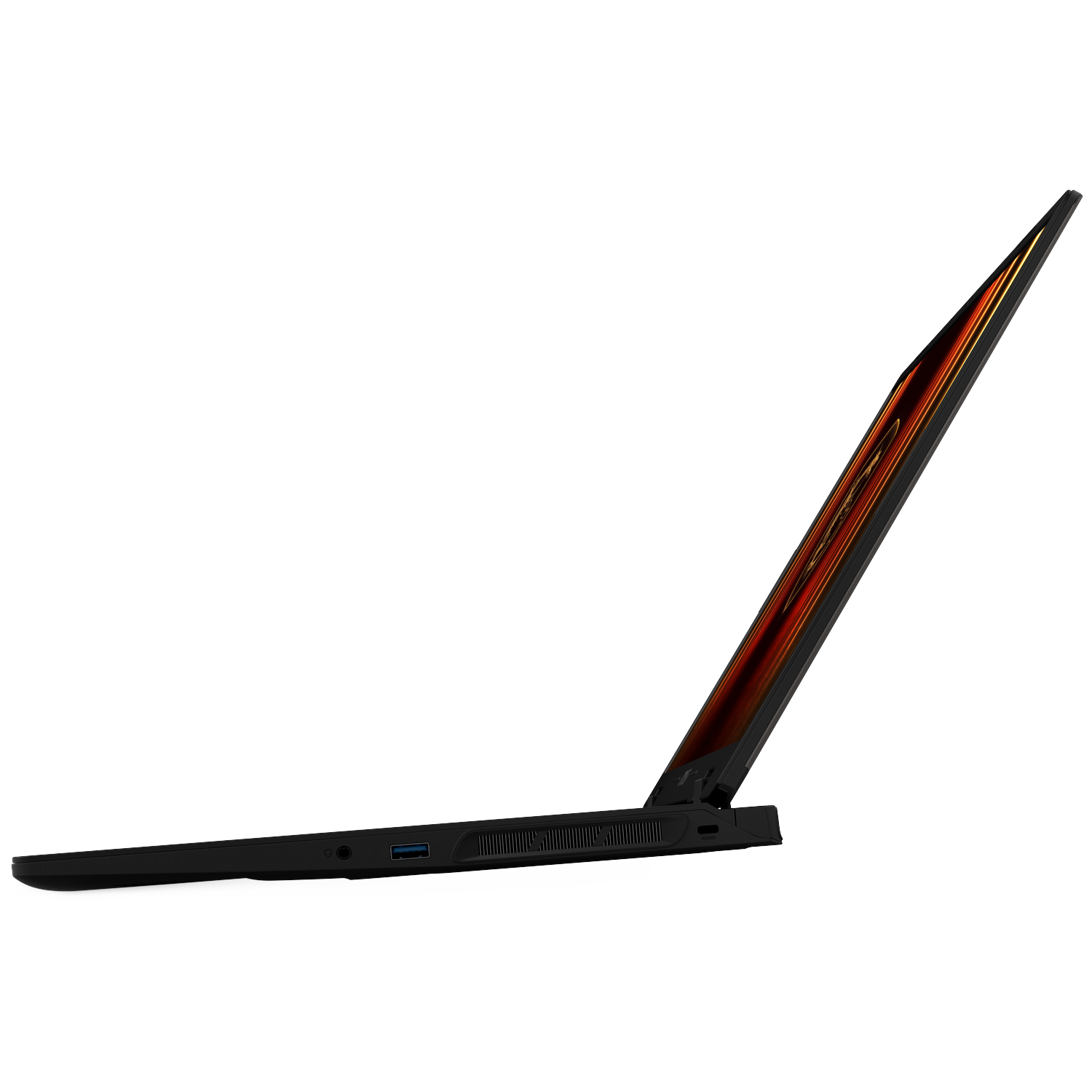 Een zwarte laptop staat in een hoek open. Het scherm toont een warme, oranje en rode gradiënt. De achtergrond is wit.