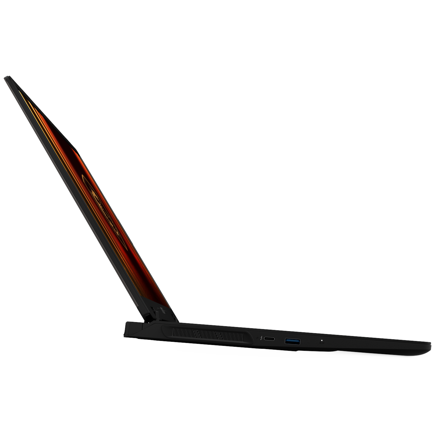 Een zwarte laptop staat open op een witte achtergrond. Het scherm toont oranje en rode kleuren. Zijaanzicht toont poorten.