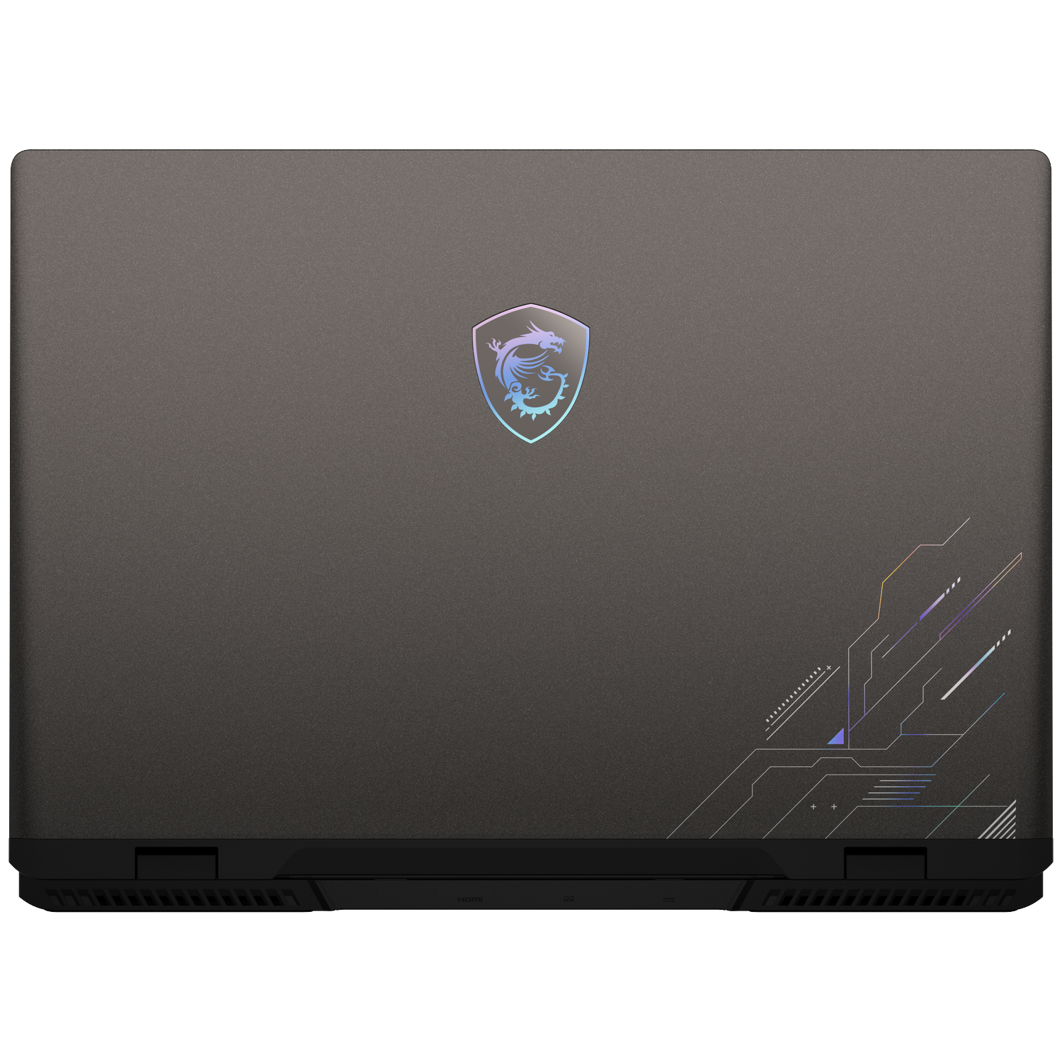 Bovenaanzicht van een grijze laptop. Het MSI-logo is zichtbaar, samen met een designelement rechtsonder. De poorten zitten onderaan.