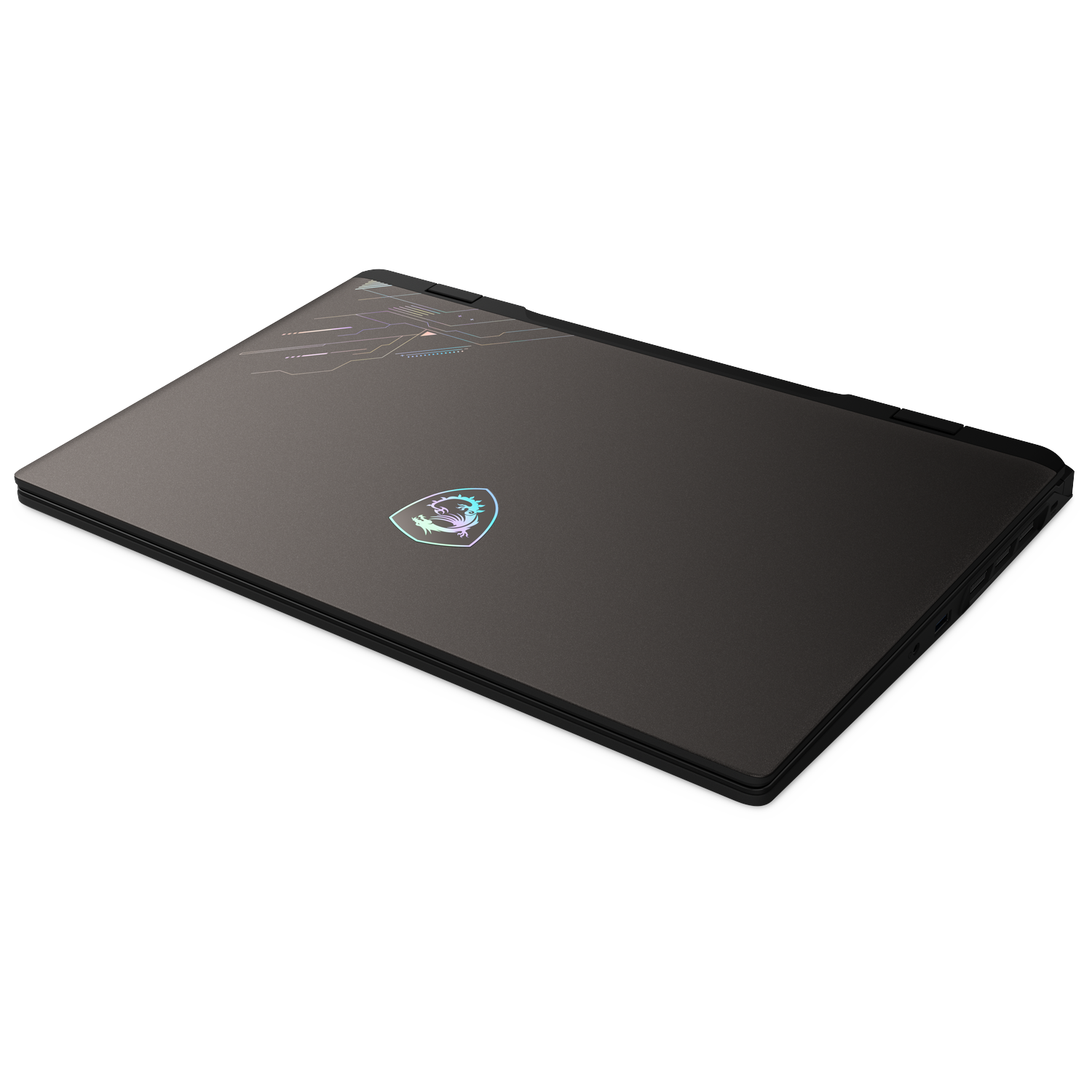 Een gesloten, donkergrijze laptop met een zwarte rand wordt diagonaal getoond. Het MSI-logo is zichtbaar. Witte achtergrond.