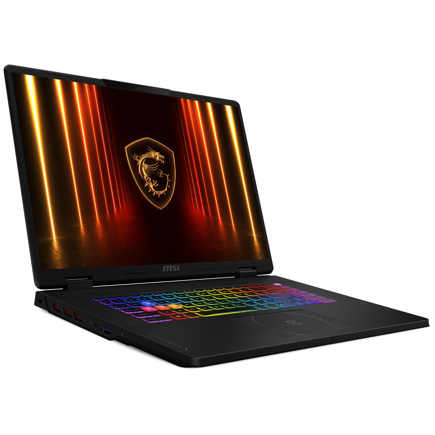 Zwarte MSI laptop open, met kleurrijk toetsenbord. Het scherm toont een gouden drakenlogo en rode en oranje lijnen.