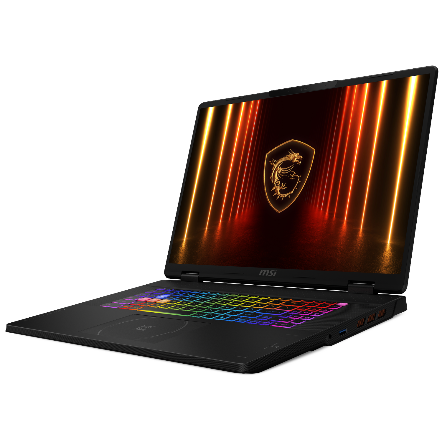 Zwarte MSI gaming laptop. Scherm toont een gouden drakenlogo op een rode en gele gradiënt achtergrond. Toetsenbord heeft RGB-verlichting.