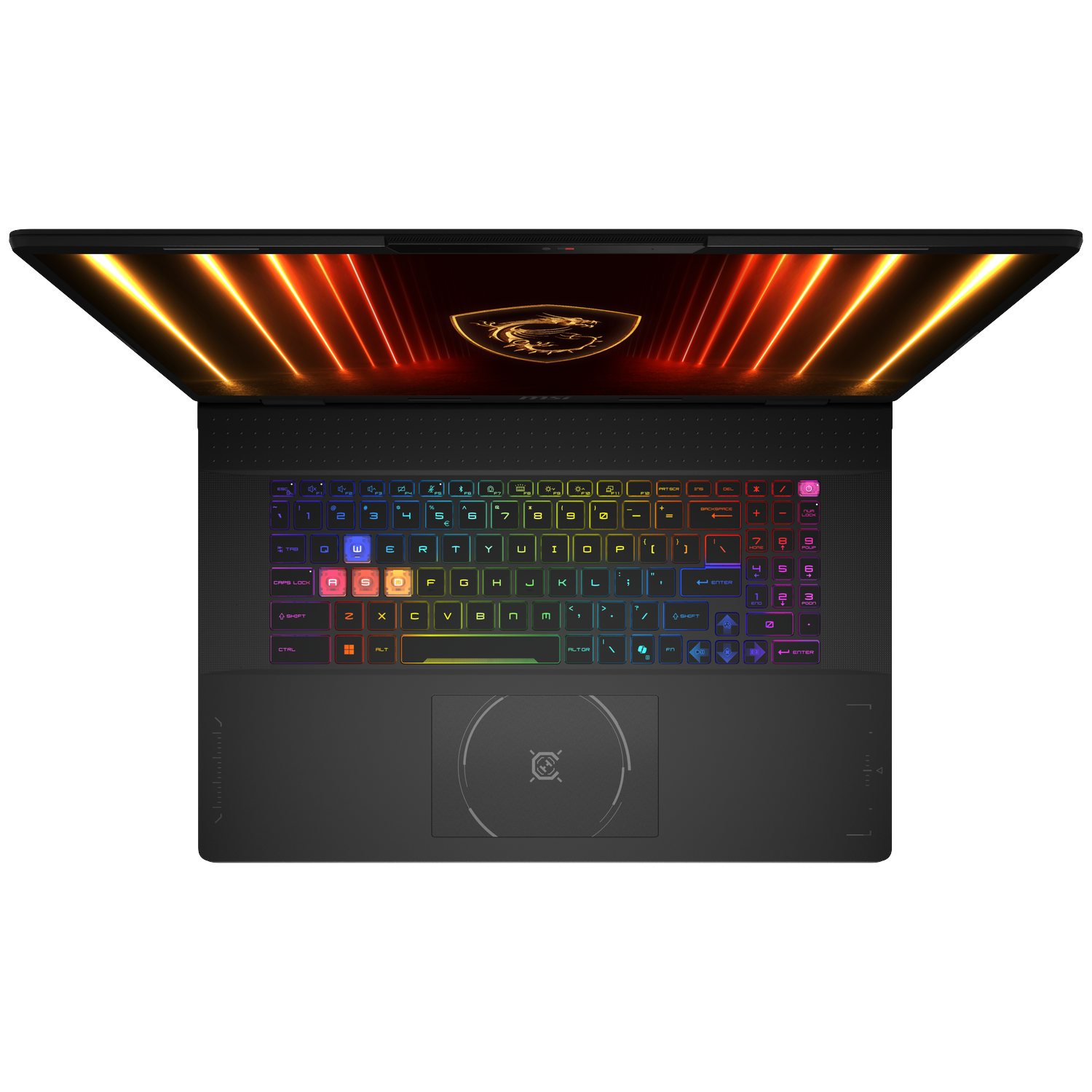 Bovenaanzicht van een zwarte laptop met verlicht toetsenbord en scherm. Het scherm toont een logo en oranje lichten.