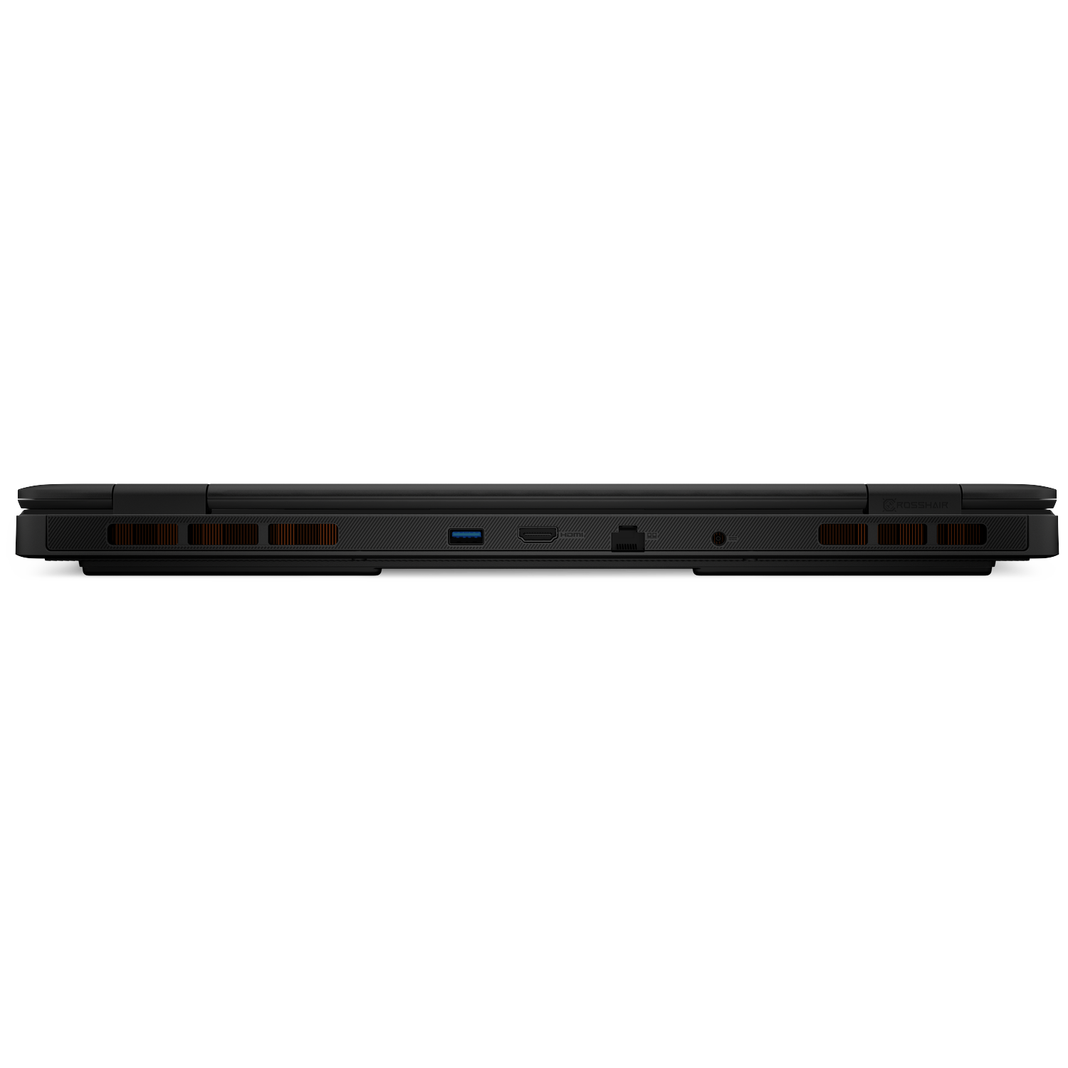 Onderaanzicht van een zwarte laptop. Zichtbare poorten zijn USB, HDMI en audio-aansluitingen. Ventilatieopeningen aan beide zijden.