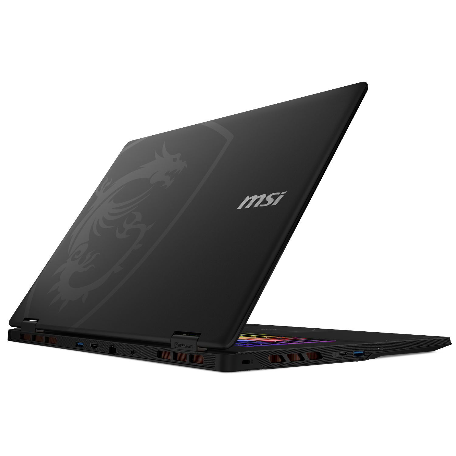 Zwarte MSI-laptop met open deksel. De deksel heeft een drakenlogo. Het toetsenbordgedeelte is zichtbaar, met kleurrijke lichten. De laptop staat op een wit oppervlak.