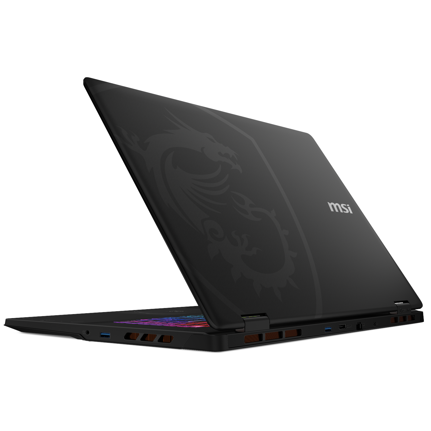 Een zwarte MSI-laptop is licht geopend. De achterkant toont een drakenontwerp en het MSI-logo. De laptop staat op een witte achtergrond.