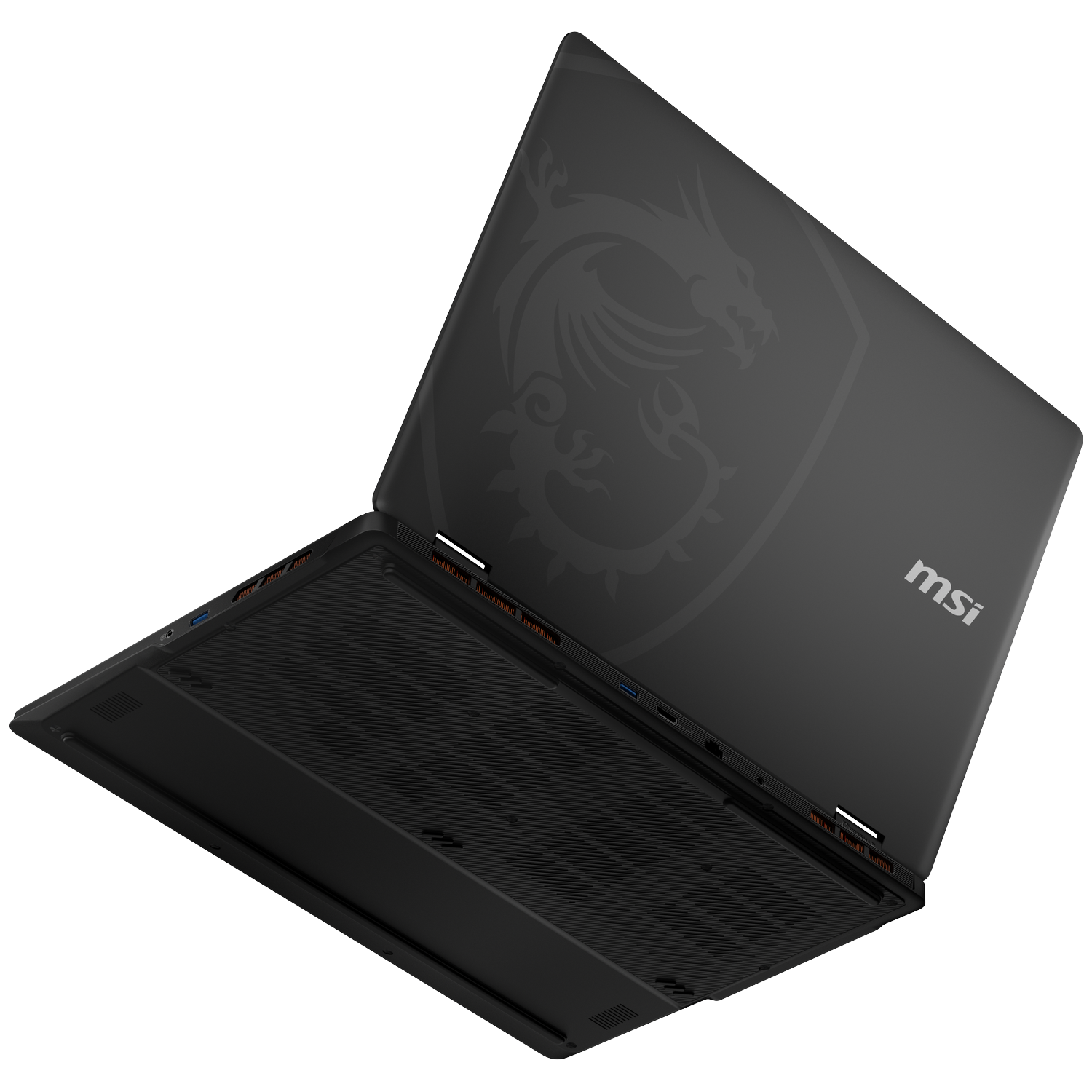 Een zwarte MSI-laptop staat in een hoek open. De bovenkant toont een drakenlogo en het MSI-logo. De onderkant toont ventilatieopeningen en poorten.