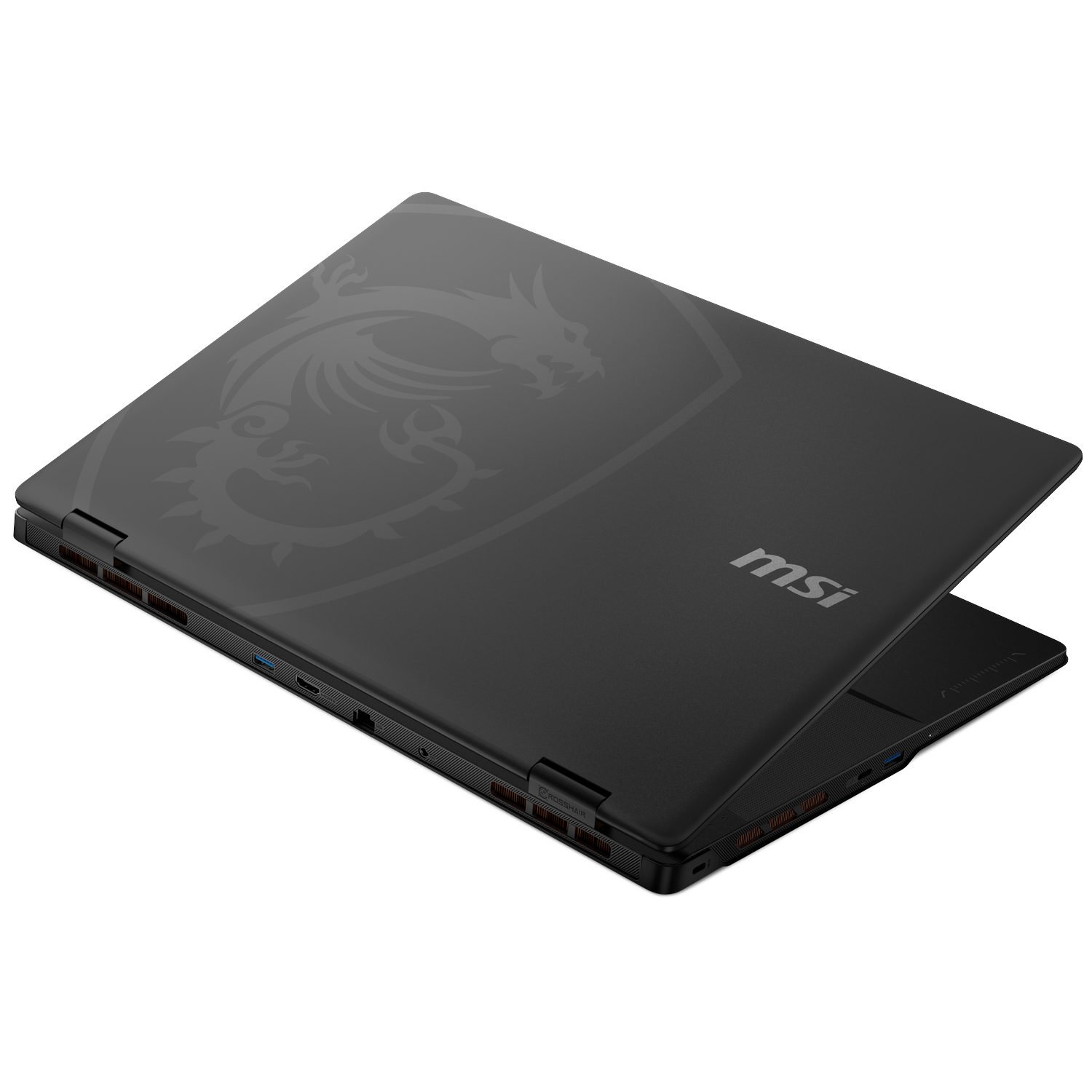 Zwarte MSI-laptop op witte achtergrond. De laptop is open. Hij heeft een drakenlogo op de achterkant en het MSI-logo.