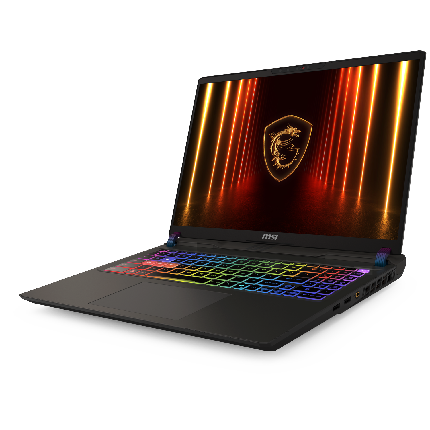 Black MSI laptop with a lit, colorful keyboard. The screen displays a gold dragon emblem and neon light design. It's on a white surface.