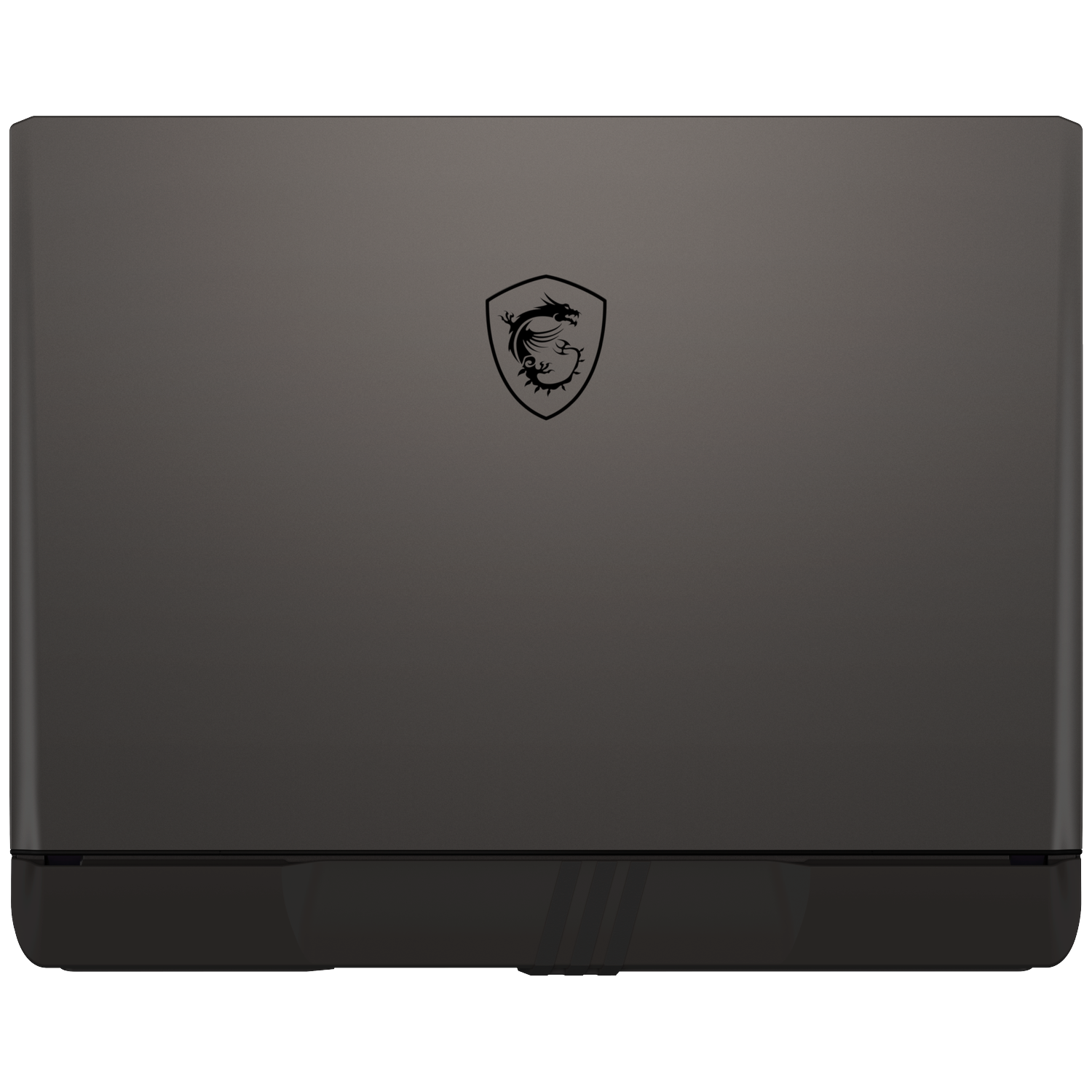 A dark gray laptop with a black logo. The bottom part is black with three lines. The MSI logo is visible.