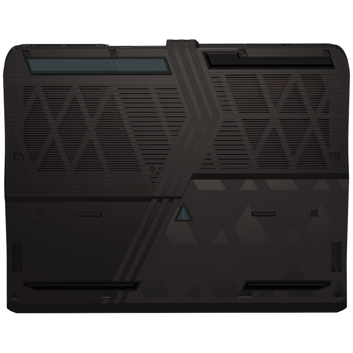 A black laptop back with geometric patterns and ventilation grilles. Features a triangular logo and text details.