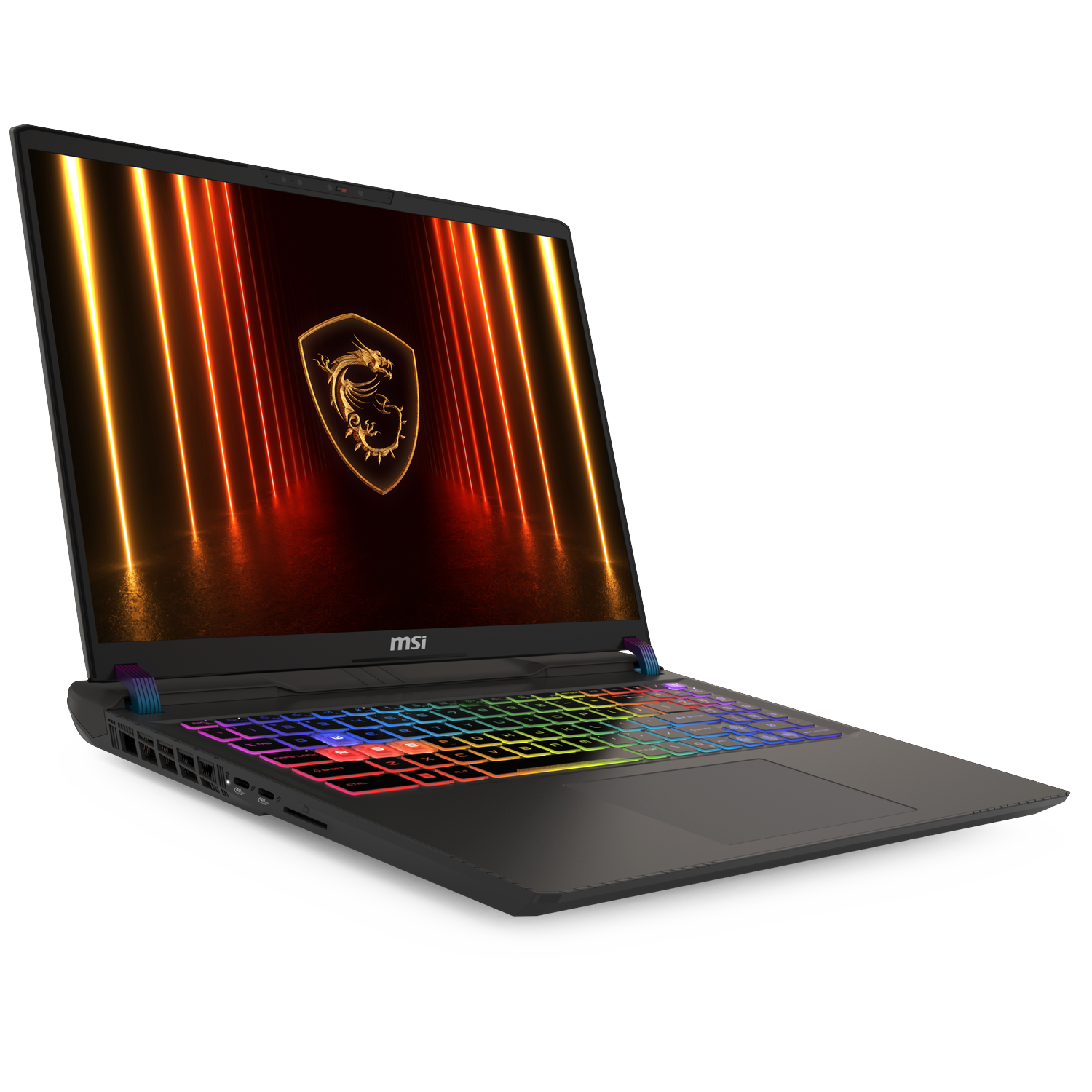 Black MSI laptop with colorful illuminated keyboard and logo on screen, showing a dragon on a shield. White background.