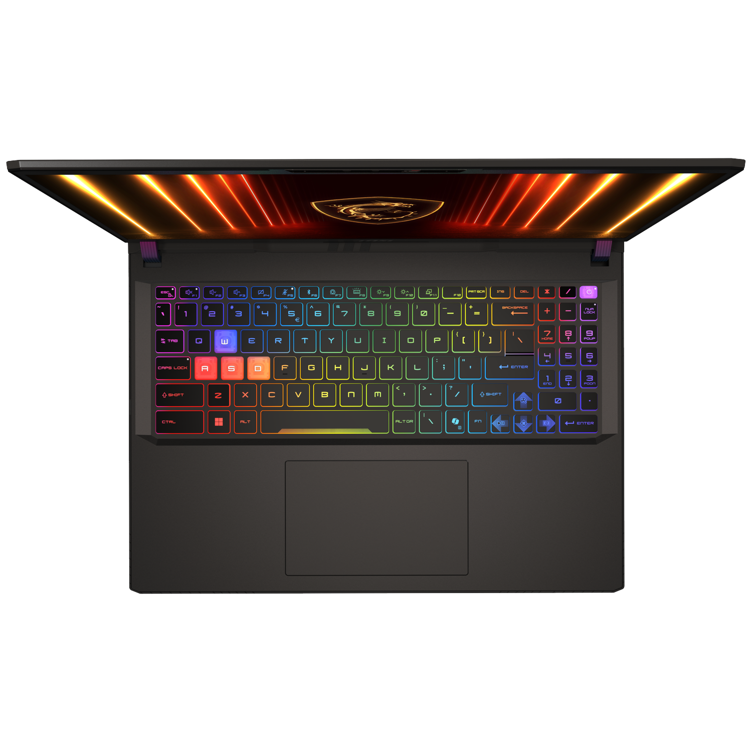 A black laptop with a colorful backlit keyboard. The screen is open, displaying a red and yellow lit design. The touchpad is visible.