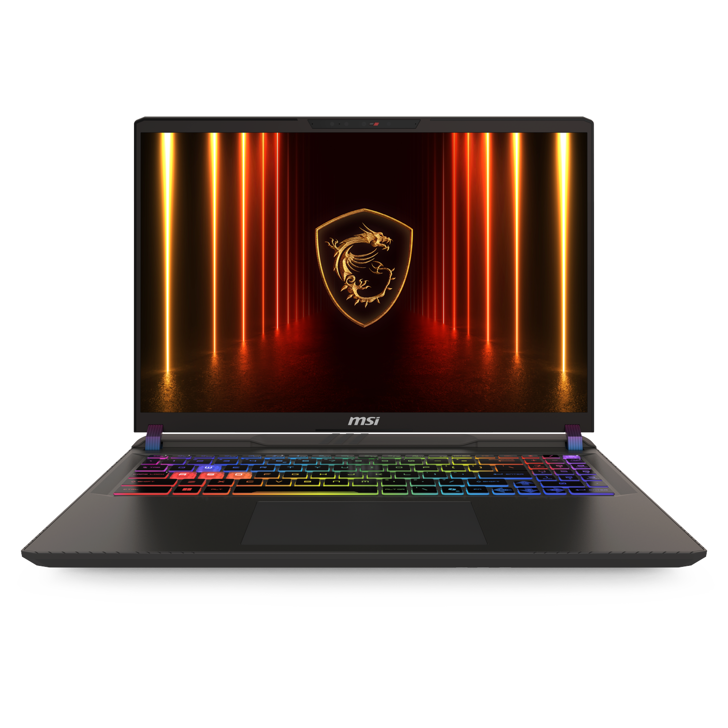 Een MSI-laptop. Scherm toont een gouden drakenlogo. Toetsenbord heeft veelkleurige verlichting. Achtergrond toont oranje en gele lichten.