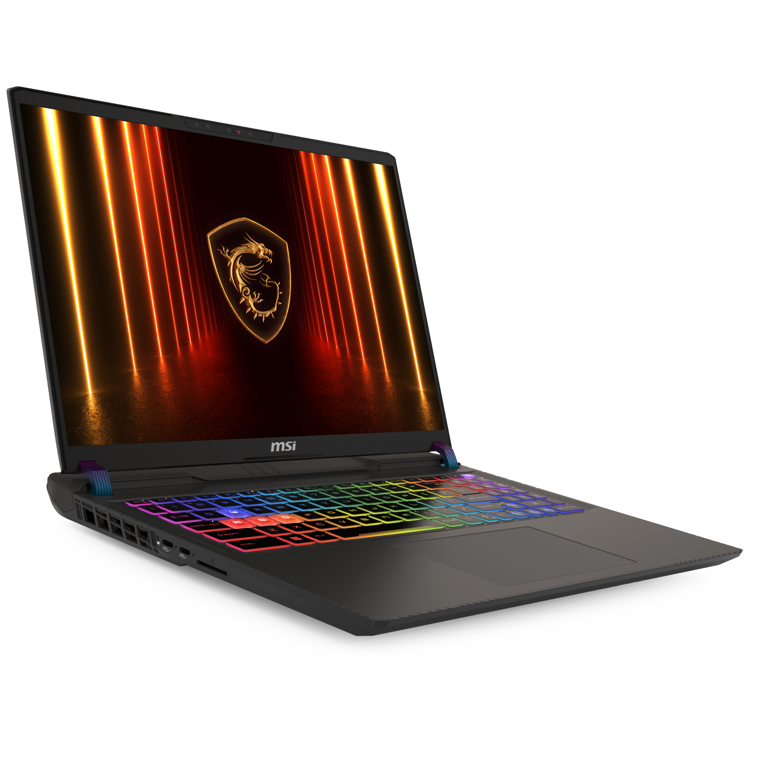 Zwarte MSI-laptop met een kleurrijk toetsenbord, oplichtend scherm met een drakenlogo. De achtergrond is wit.