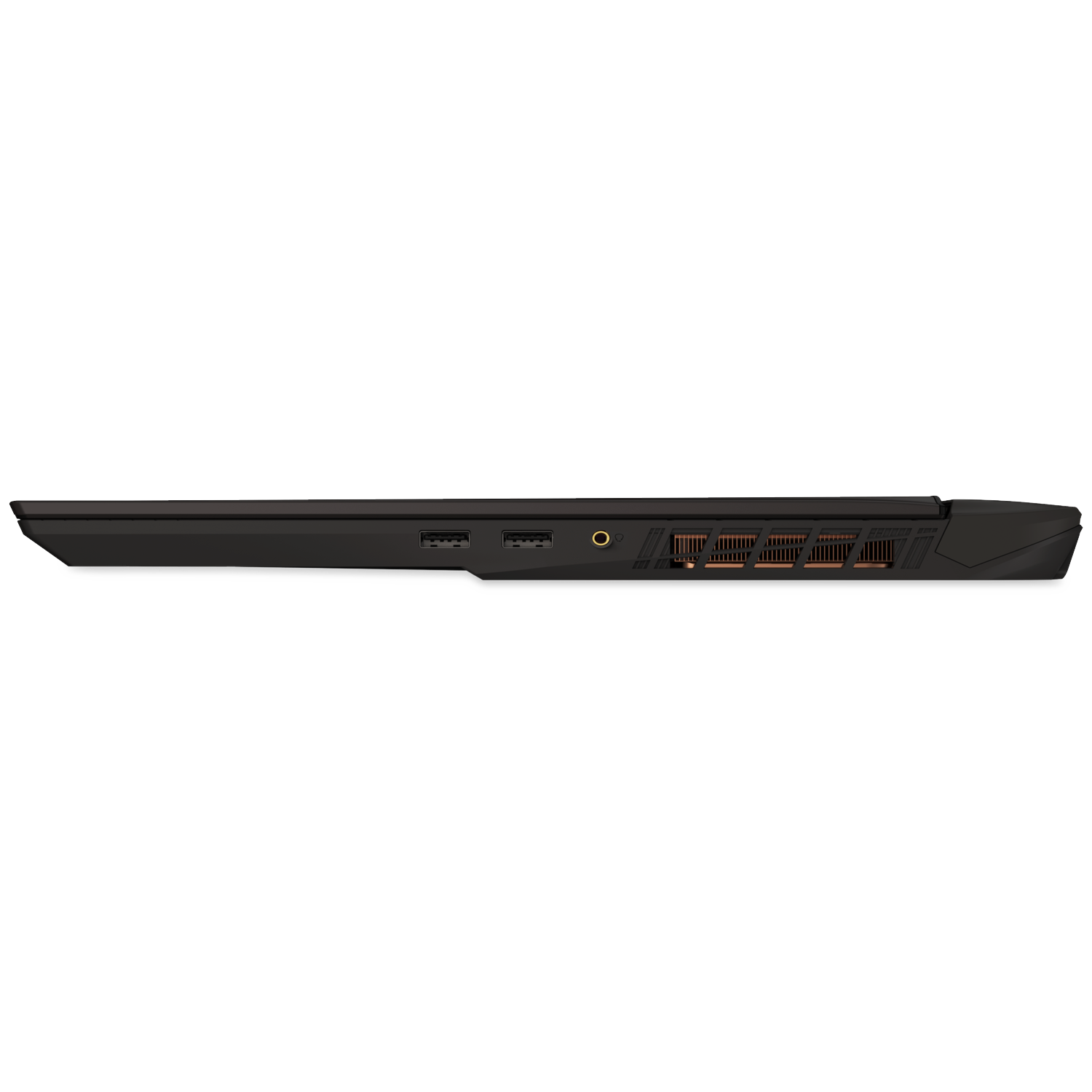 Zijkant van een zwarte laptop met poorten, waaronder USB, audio-aansluiting en Ethernet-poorten. Schaduw eronder. Witte achtergrond.