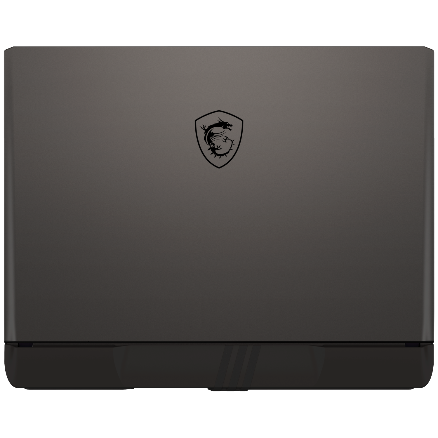 Een gesloten, donkergrijze laptop met een zwart logo en een zwarte basis. Het logo is een draak met een schild. Drie lijnen op de basis.