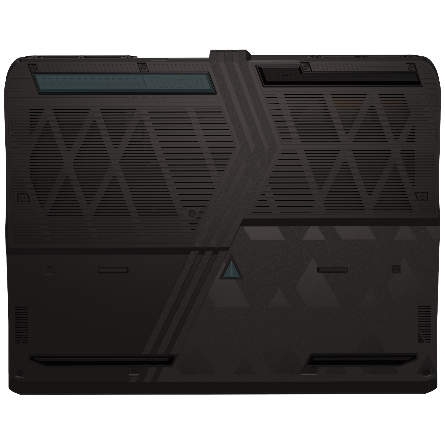 Een zwarte, getextureerde laptopbasis met ventilatie en geometrische patronen. Het heeft een futuristisch ontwerp met hoekige vormen en lijnen.