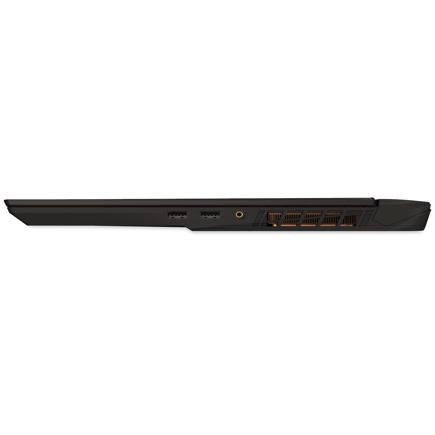 A black laptop's side profile. Visible ports include USB, audio jack, and ventilation grilles. The background is white.