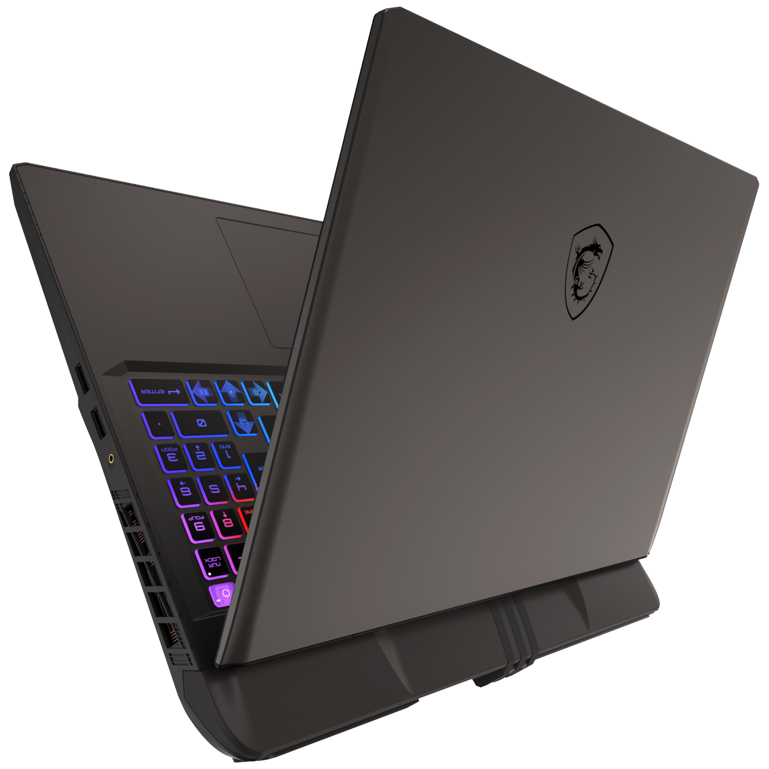 A black laptop is angled open, showing a colorful backlit keyboard. The lid displays a dragon logo. The laptop is on a white background.