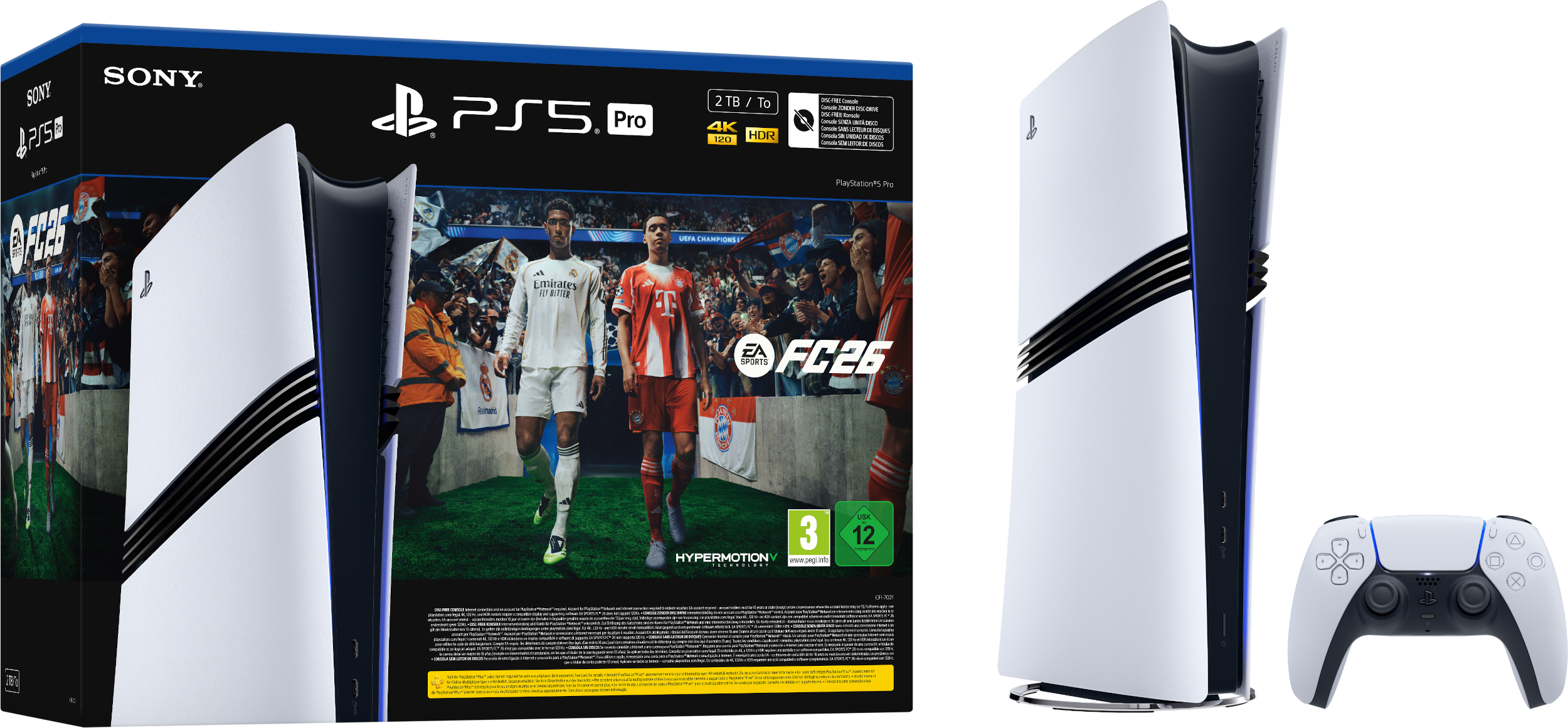 PS5 Pro konzol FC26 játékkal, kontrollerrel. Fehér konzol fekete csíkokkal, focisták a dobozon.