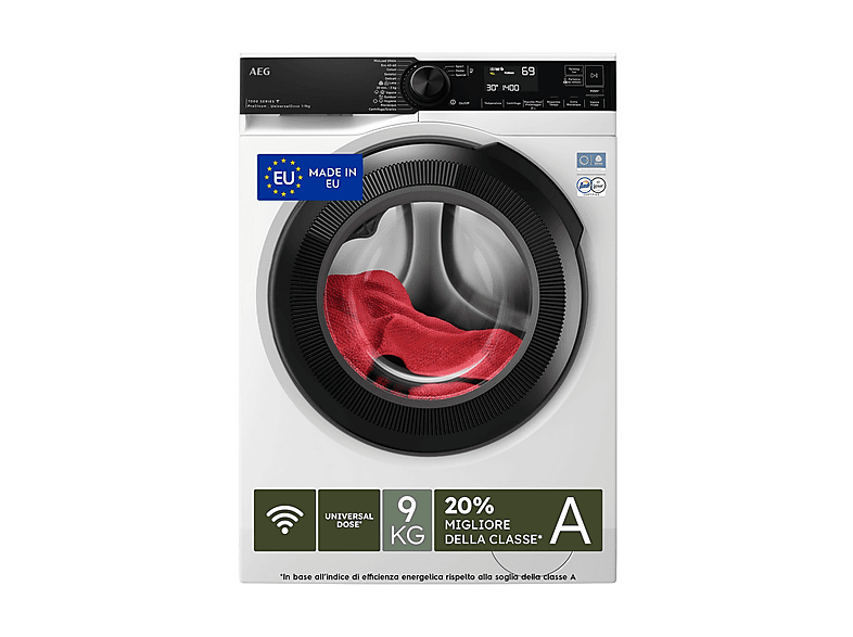 AEG Lr7Fh94Vy Lavatrice, Caricamento frontale, 9 kg, 12 programmi, Profondità 57,2 cm, Bianco, livello rumorosità centrifuga 72 dB(A), Classe A