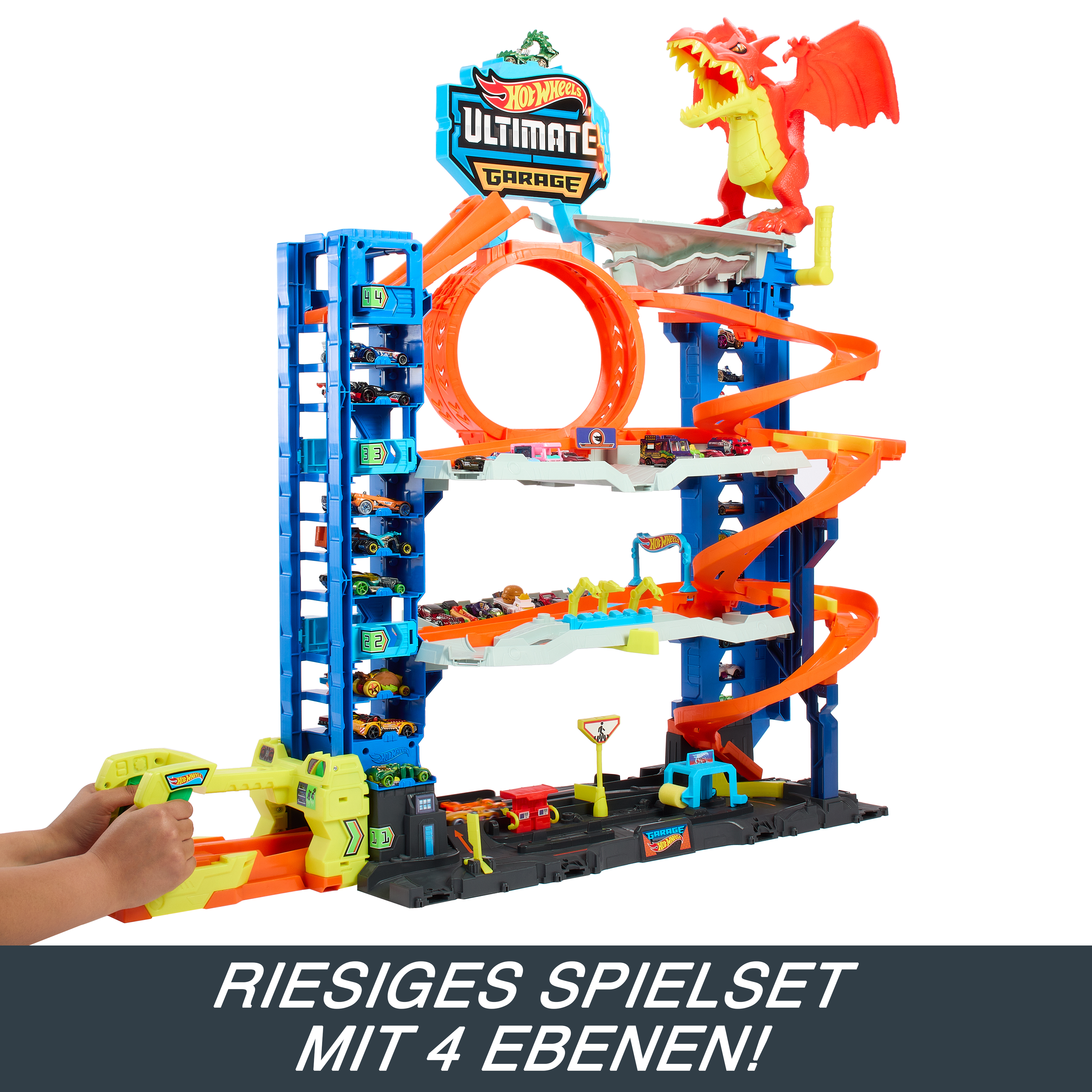 Ein Hot Wheels Ultimate Garage Spielset mit vier Ebenen, einem Drachen und mehreren Hot Wheels Autos. Enthält Rampen und eine Schleife.
