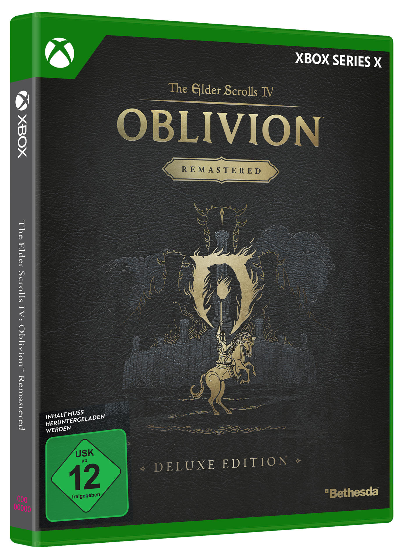 Xbox Series X-Spielcover von Oblivion Remastered. Goldener Text und Emblem auf schwarzem Hintergrund. Deluxe Edition.