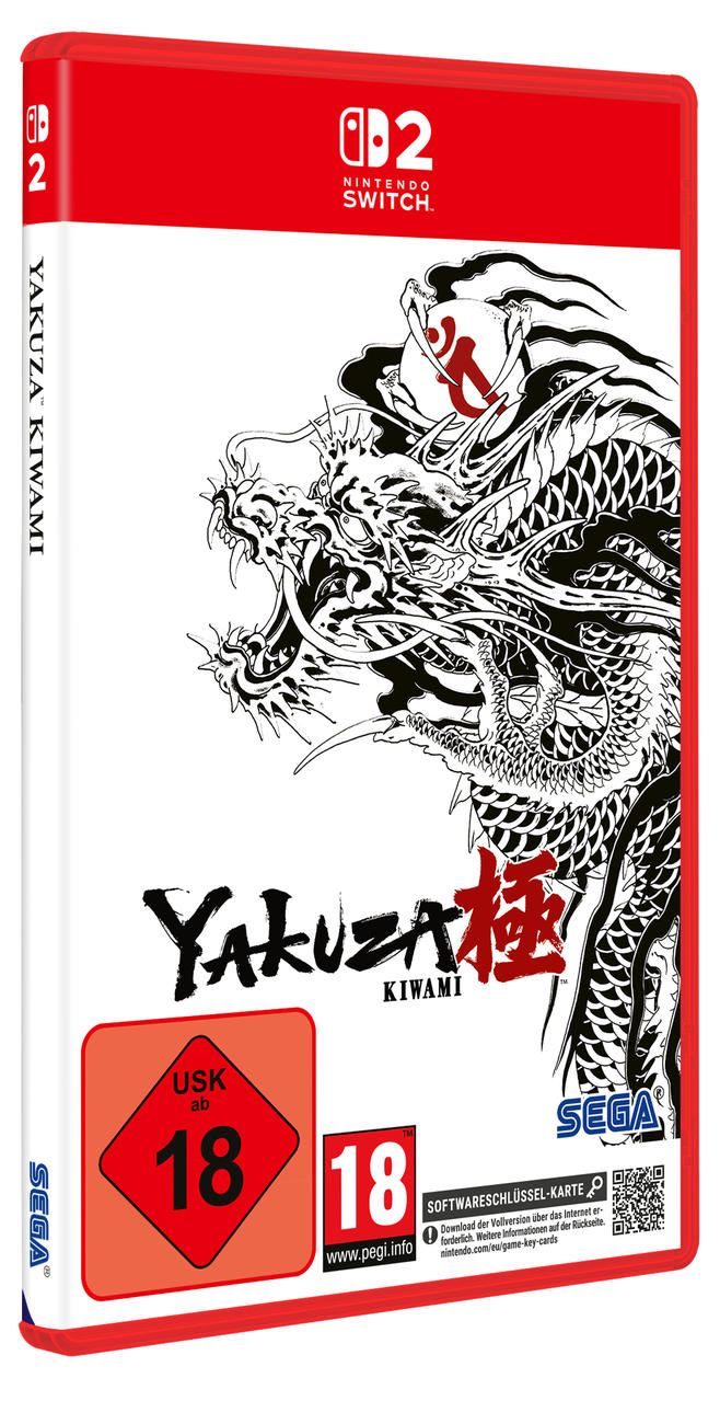 Yakuza Kiwami Spielbox. Roter Rand, weißer Hintergrund. Drachenkunst. Altersfreigabe 18. Nintendo Switch Logo.
