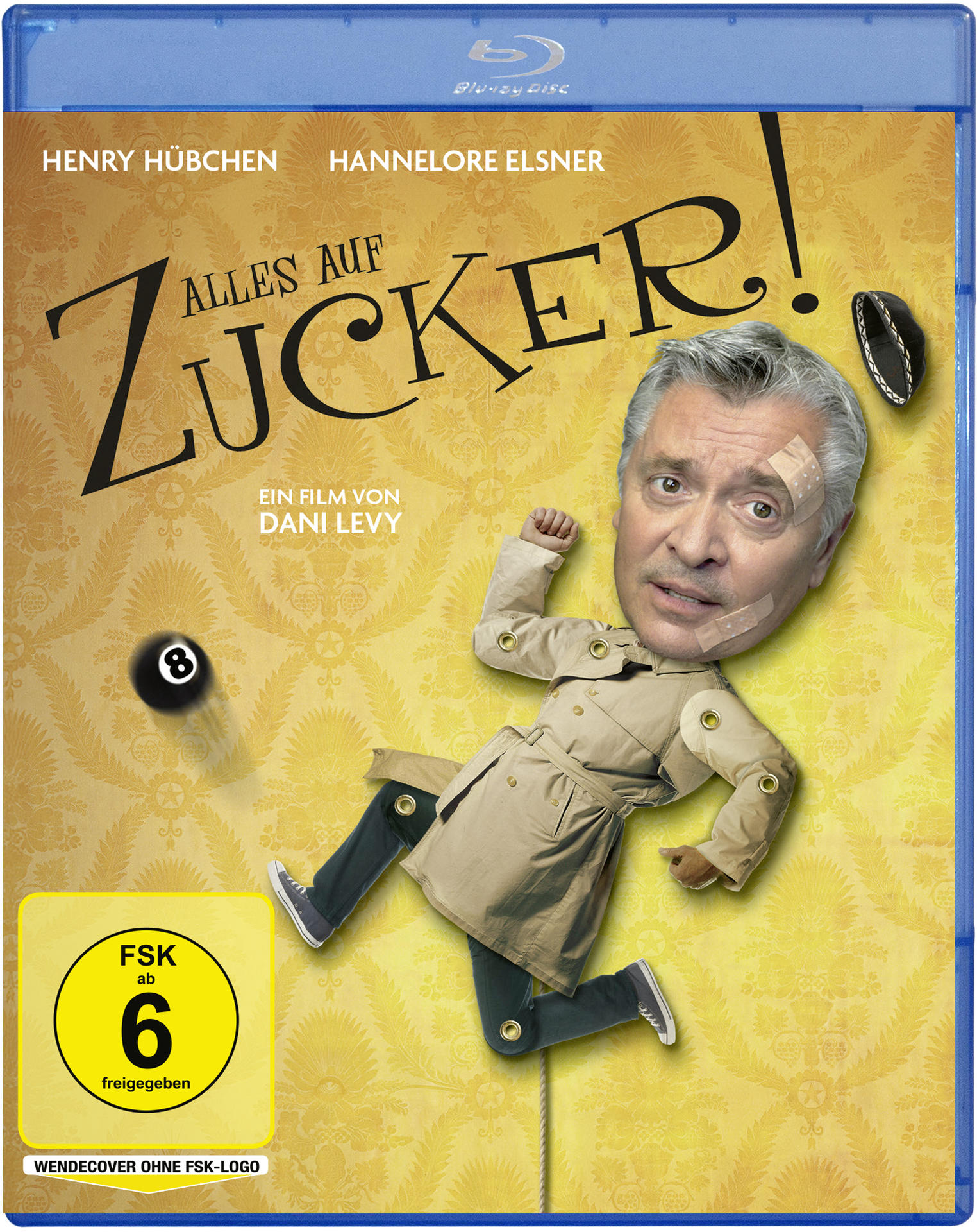 Blu-ray-Cover für Alles auf Zucker. Ein Mann mit großem Kopf und Trenchcoat ist auf gelbem Hintergrund überlagert.