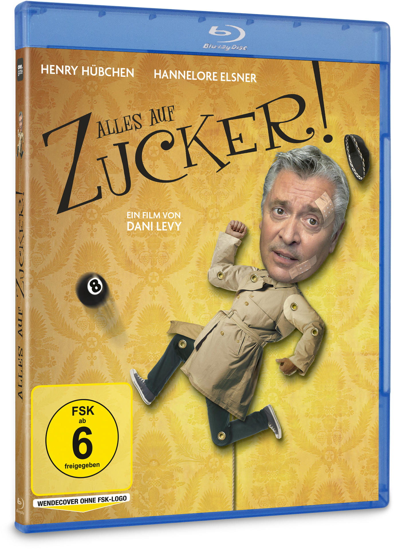 Blu-ray-Hülle für 'Alles auf Zucker!' mit einem Männerkopf auf einem Körper in einem Trenchcoat, 8-Ball und FSK 6-Aufkleber.