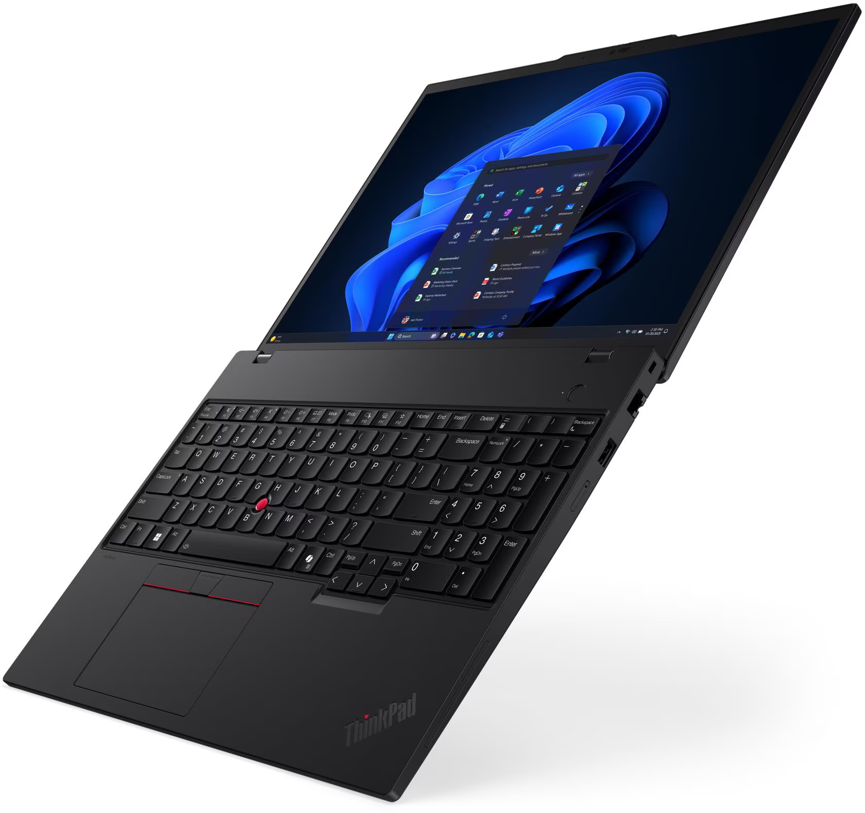 Egy fekete laptop nyitott képernyővel, amely a Windows felületet mutatja. A billentyűzet látható, és a ThinkPad logó is.