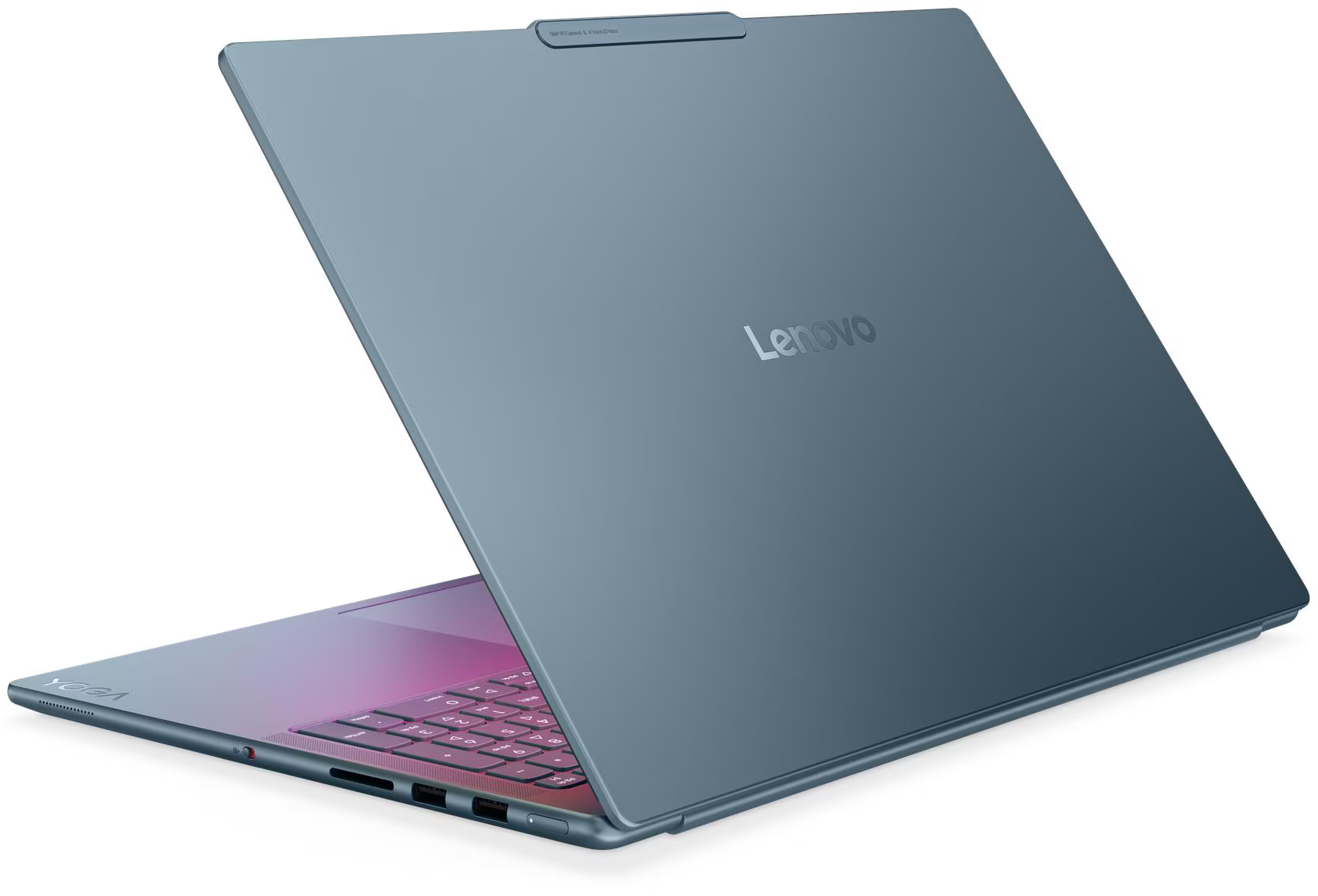 Egy kék Lenovo Yoga laptop nyitva van. A billentyűzet látható. A háttér fehér.